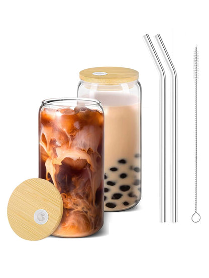 Drinking Glasses with Bamboo Lids and Glass Straw 2 Sets - 16oz Can Shaped Glass Cups, Beer Glasses, Iced Coffee Glasses, Cute Tumbler Cup, Ideal for Cocktail, Whiskey, Gift - 1 Cleaning Brushes