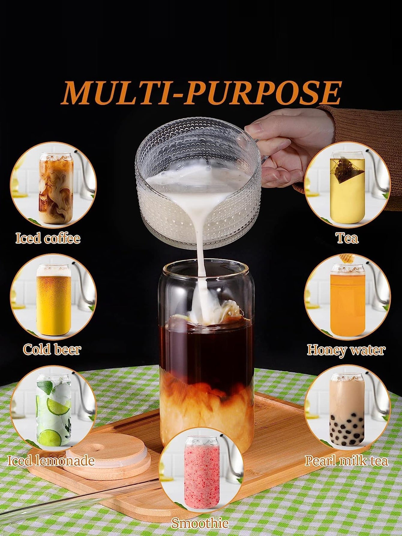 Drinking Glasses with Bamboo Lids and Glass Straw 2 Sets - 16oz Can Shaped Glass Cups, Beer Glasses, Iced Coffee Glasses, Cute Tumbler Cup, Ideal for Cocktail, Whiskey, Gift - 1 Cleaning Brushes