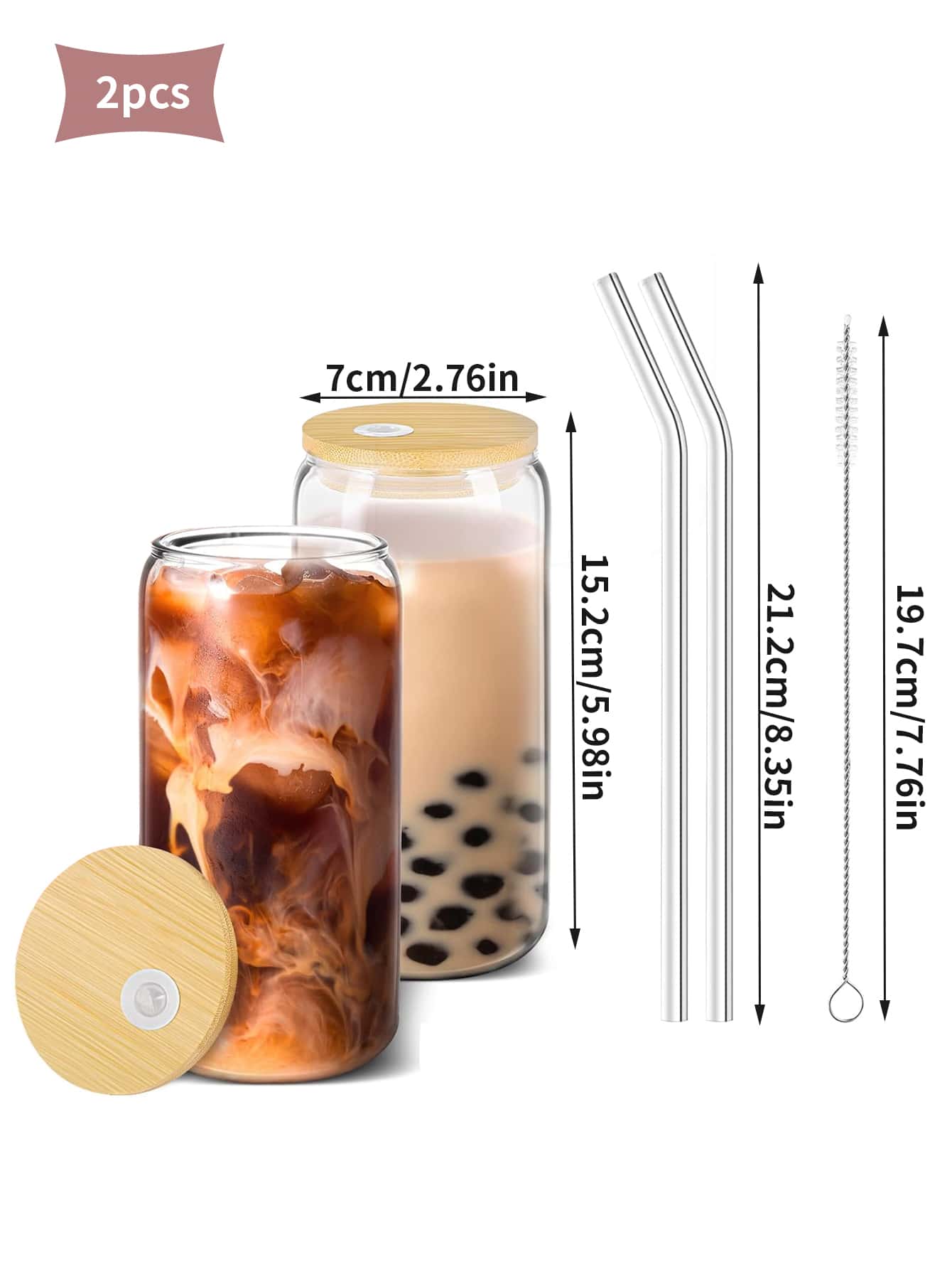 Drinking Glasses with Bamboo Lids and Glass Straw 2 Sets - 16oz Can Shaped Glass Cups, Beer Glasses, Iced Coffee Glasses, Cute Tumbler Cup, Ideal for Cocktail, Whiskey, Gift - 1 Cleaning Brushes