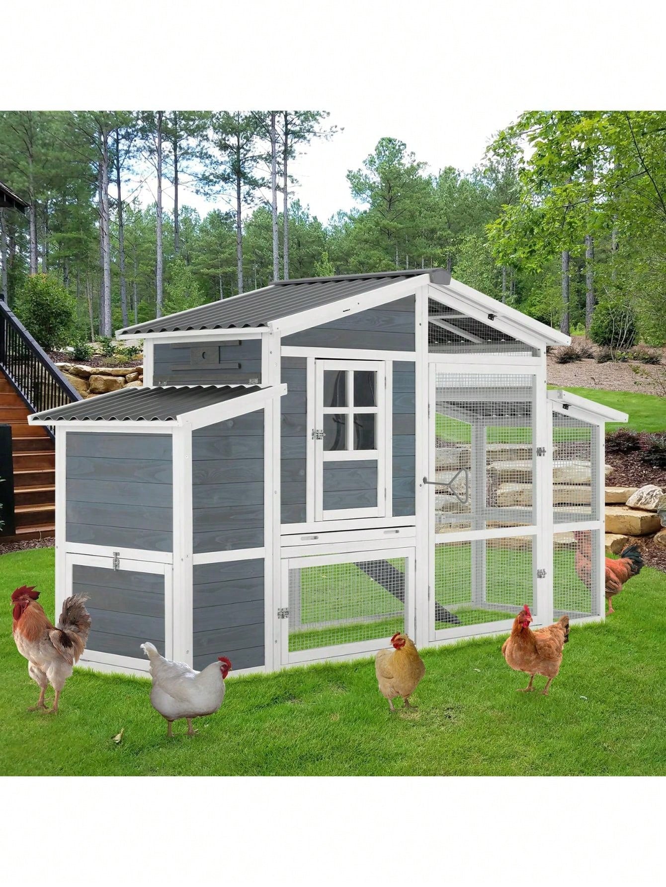 81in Large Chicken Coop Wooden Chicken Coops for 6 Chickens Outdoor Hen House Chicken Coop and Run