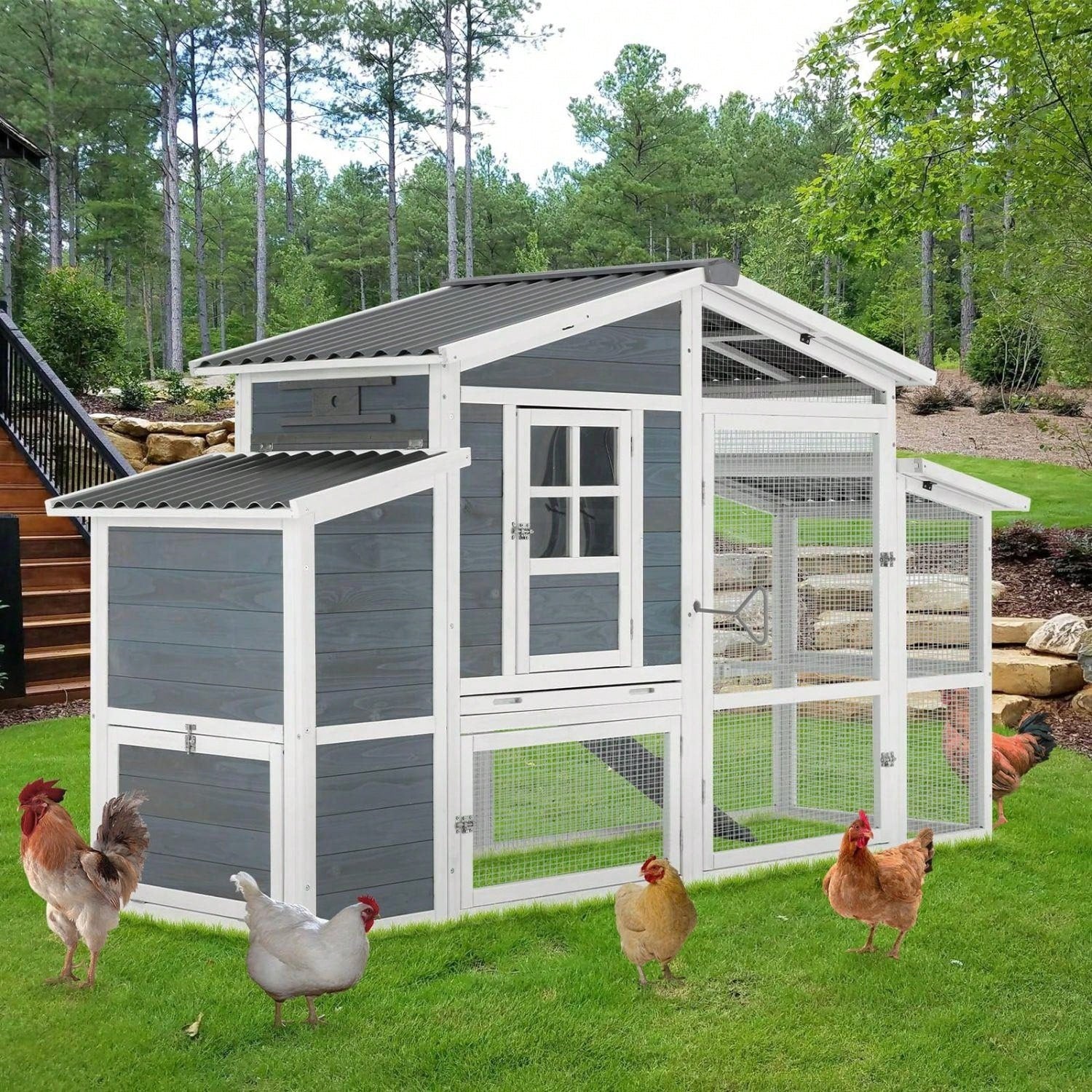 81in Large Chicken Coop Wooden Chicken Coops for 6 Chickens Outdoor Hen House Chicken Coop and Run