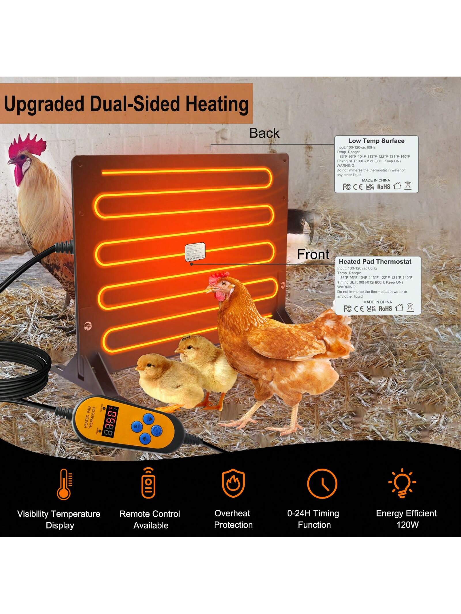 Dual Sided Chicken Coop Heater, 120W Adjustable Wattage UL Tested Radiant Heat Energy Efficient Design Safer Than Brooder Lamps with Adjustable Temperature, 0H-24H Timer, Overheat Protection