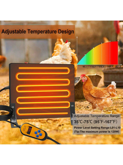 Dual Sided Chicken Coop Heater, 120W Adjustable Wattage UL Tested Radiant Heat Energy Efficient Design Safer Than Brooder Lamps with Adjustable Temperature, 0H-24H Timer, Overheat Protection