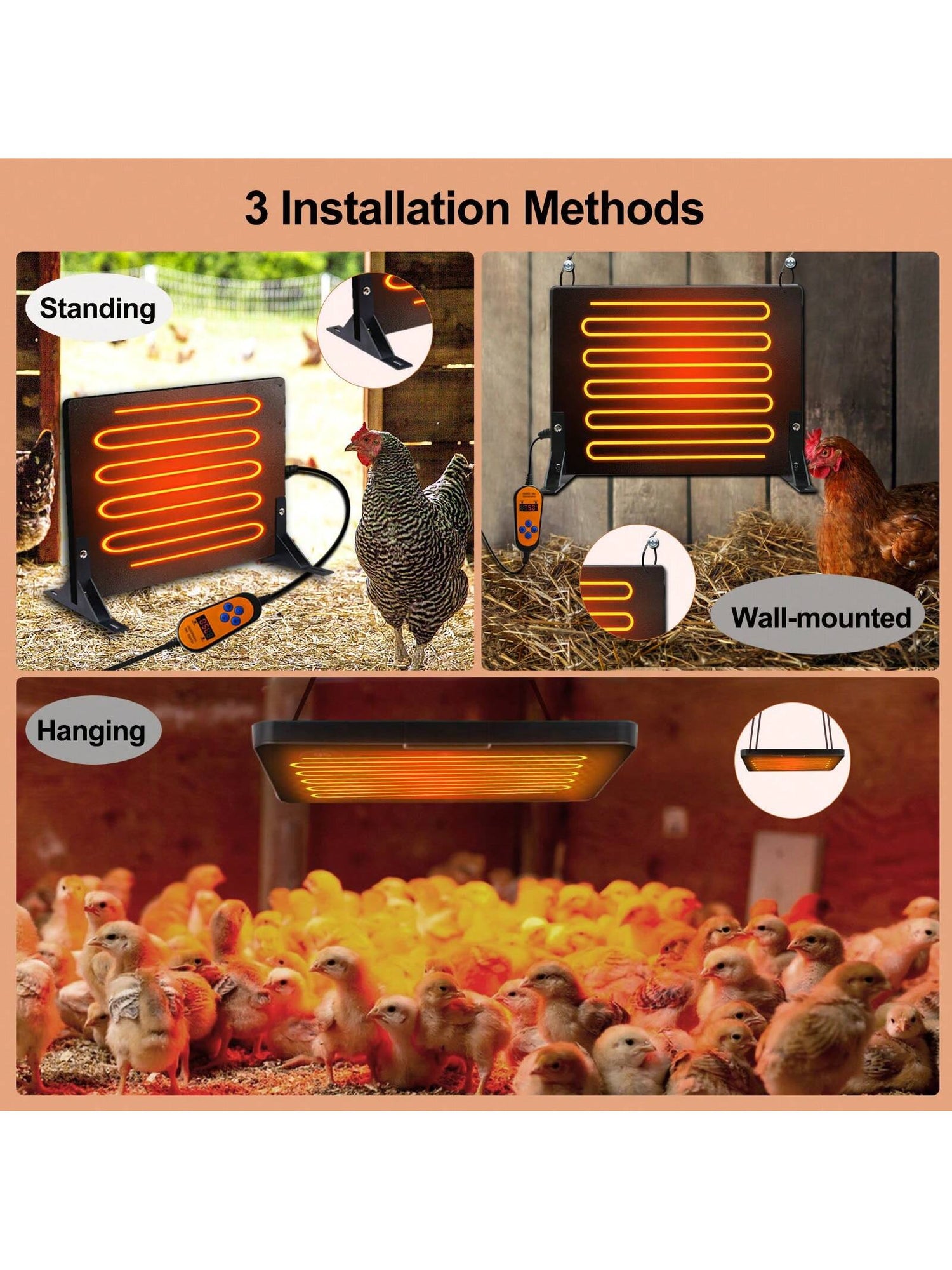 Dual Sided Chicken Coop Heater, 120W Adjustable Wattage UL Tested Radiant Heat Energy Efficient Design Safer Than Brooder Lamps with Adjustable Temperature, 0H-24H Timer, Overheat Protection