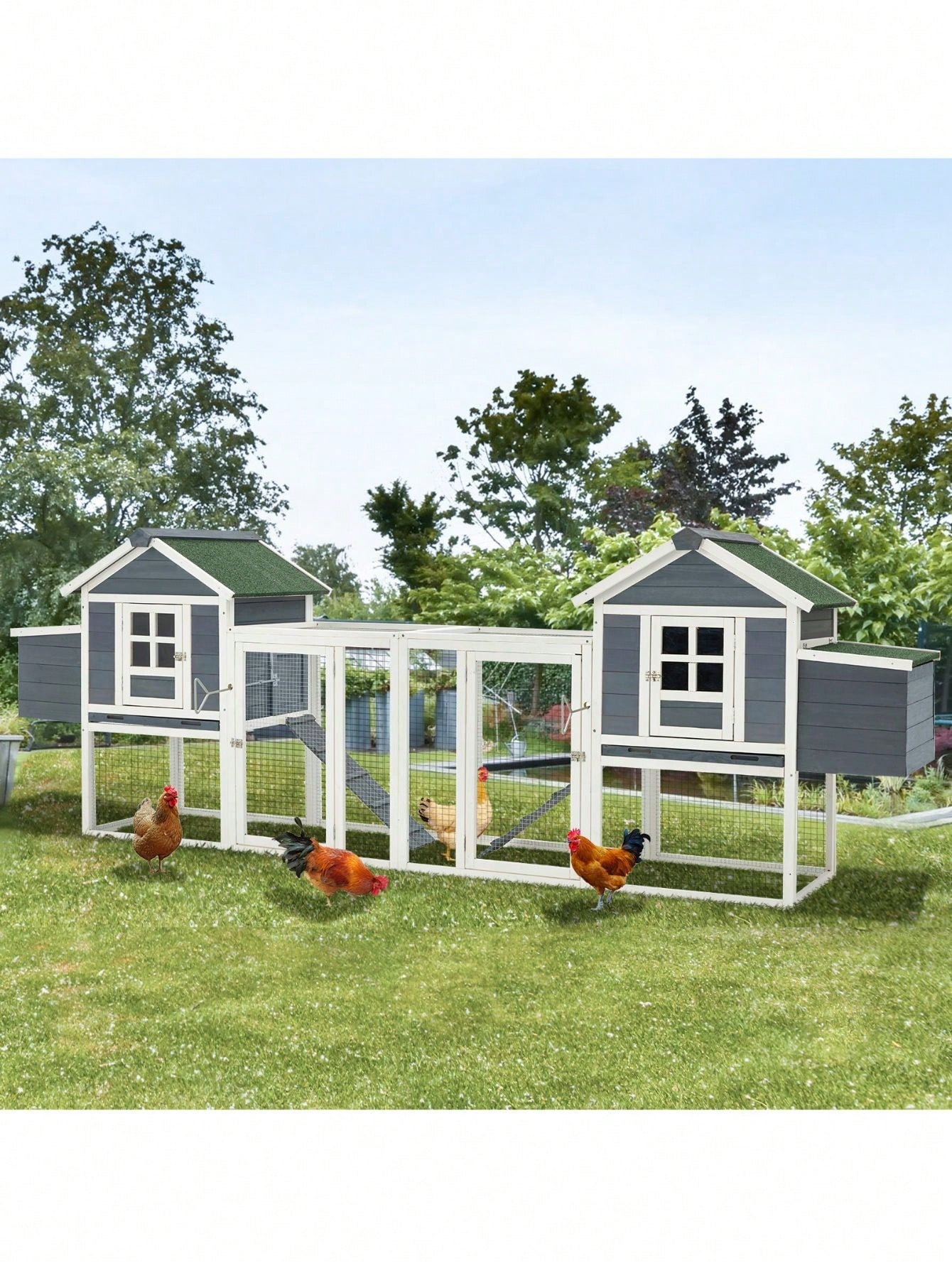 144&quot;Large Wooden Chicken Coop, Outdoor Hens House With Ramps And Nesting Boxes, Grey &amp; White