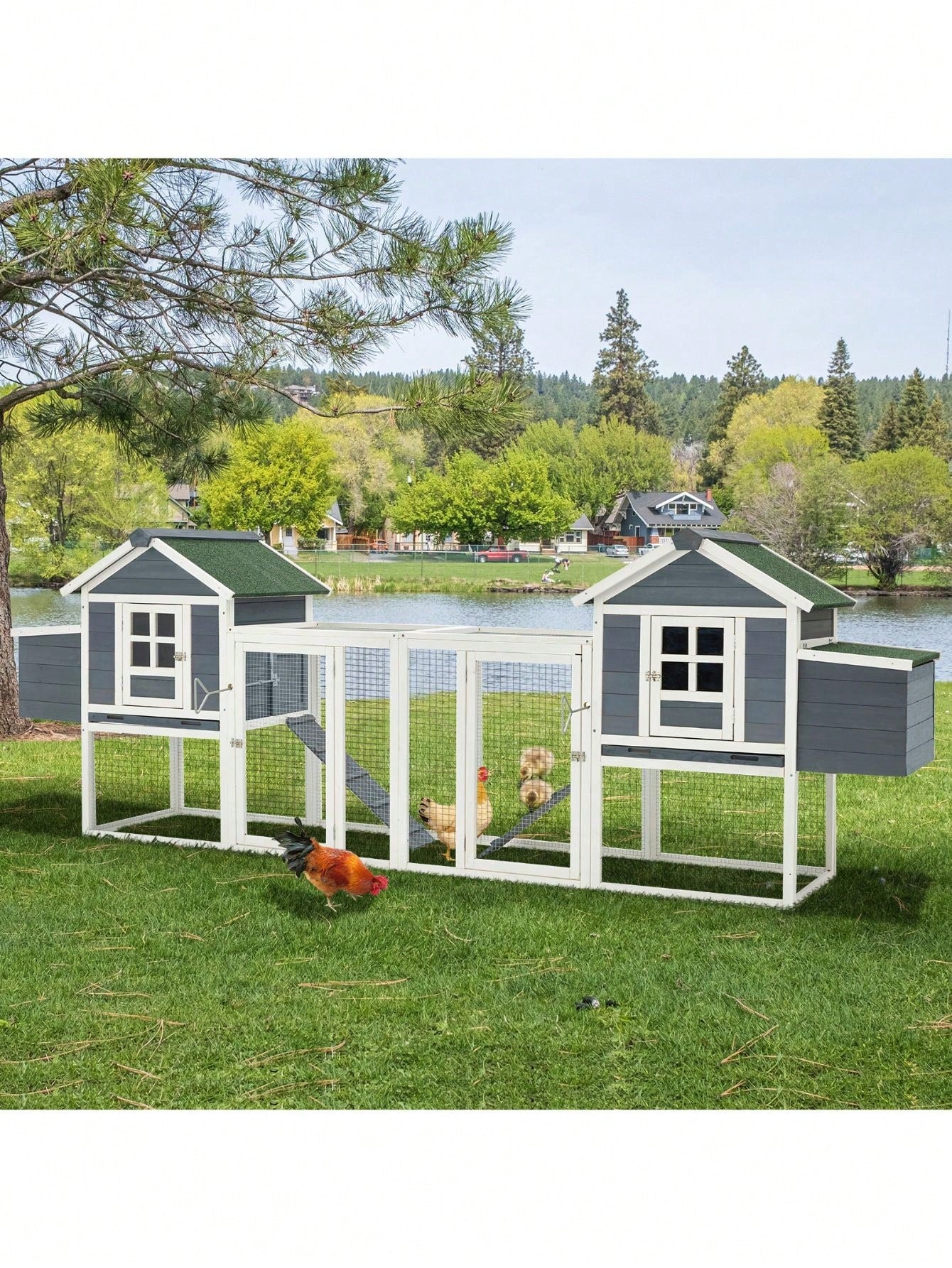 144&quot;Large Wooden Chicken Coop, Outdoor Hens House With Ramps And Nesting Boxes, Grey &amp; White