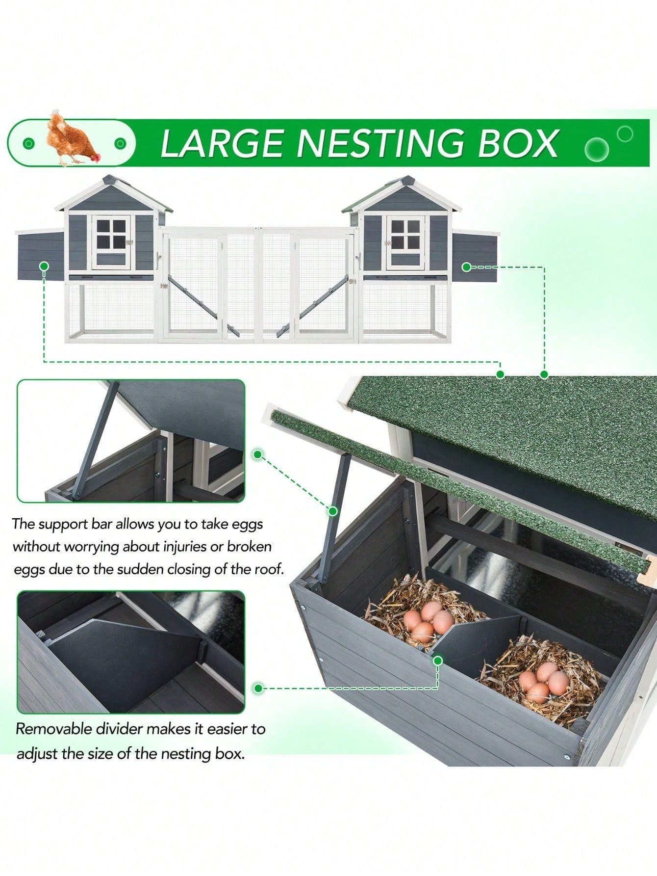 144&quot;Large Wooden Chicken Coop, Outdoor Hens House With Ramps And Nesting Boxes, Grey &amp; White