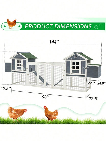 144&quot;Large Wooden Chicken Coop, Outdoor Hens House With Ramps And Nesting Boxes, Grey &amp; White