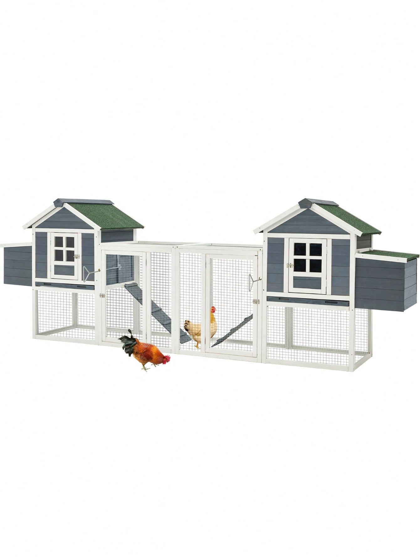 144&quot;Large Wooden Chicken Coop, Outdoor Hens House With Ramps And Nesting Boxes, Grey &amp; White