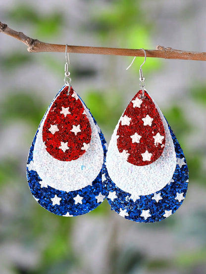 US Flag Red White Blue Star Teardrop Pendant Earrings