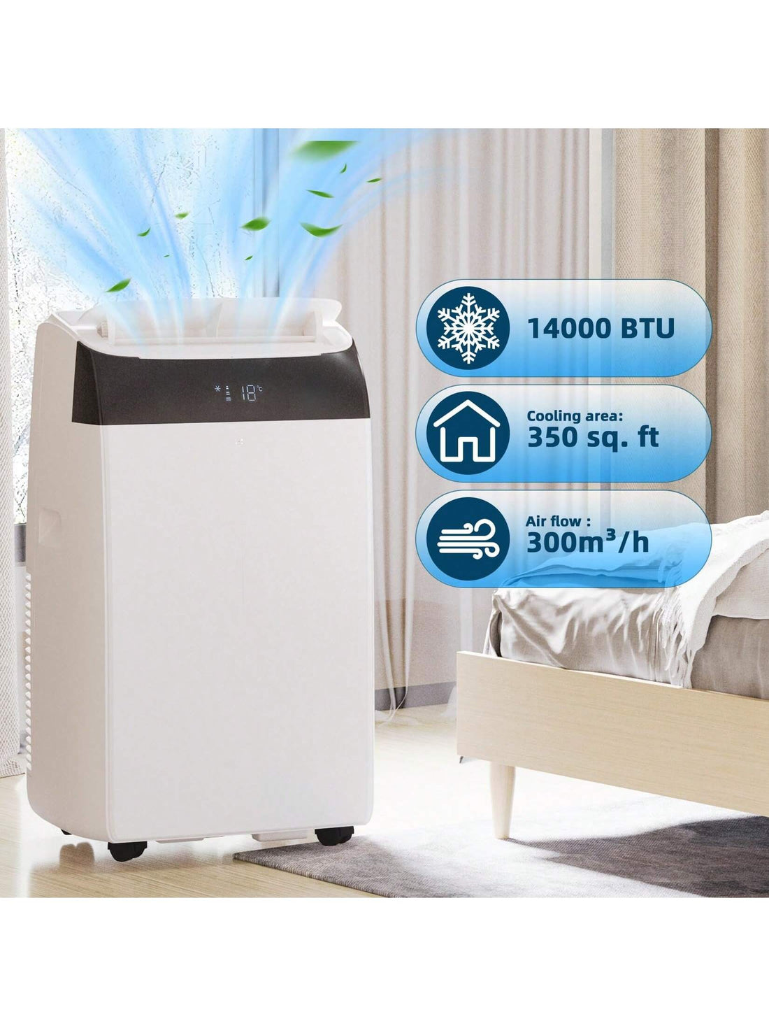 14,000 BTU Portable Air Conditioners, Air Conditioner Portable For Room Up To 750 Sq.Ft, 3-In-1 AC Unit With LED Function Display, Dehumidifier &amp; Fan, Installation Kit &amp; Remote Control For Home