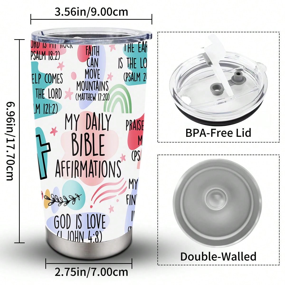 1pc 20 Oz English Insulated Cup-My Daily Bible Affirmations, With Lid, Insulated Stainless Steel, Reusable And Vacuum, Keep Drinks Icy Cold, A Friendly Gift For Loved Ones, Women, Men, Mothers, Cars, Gyms And Travel