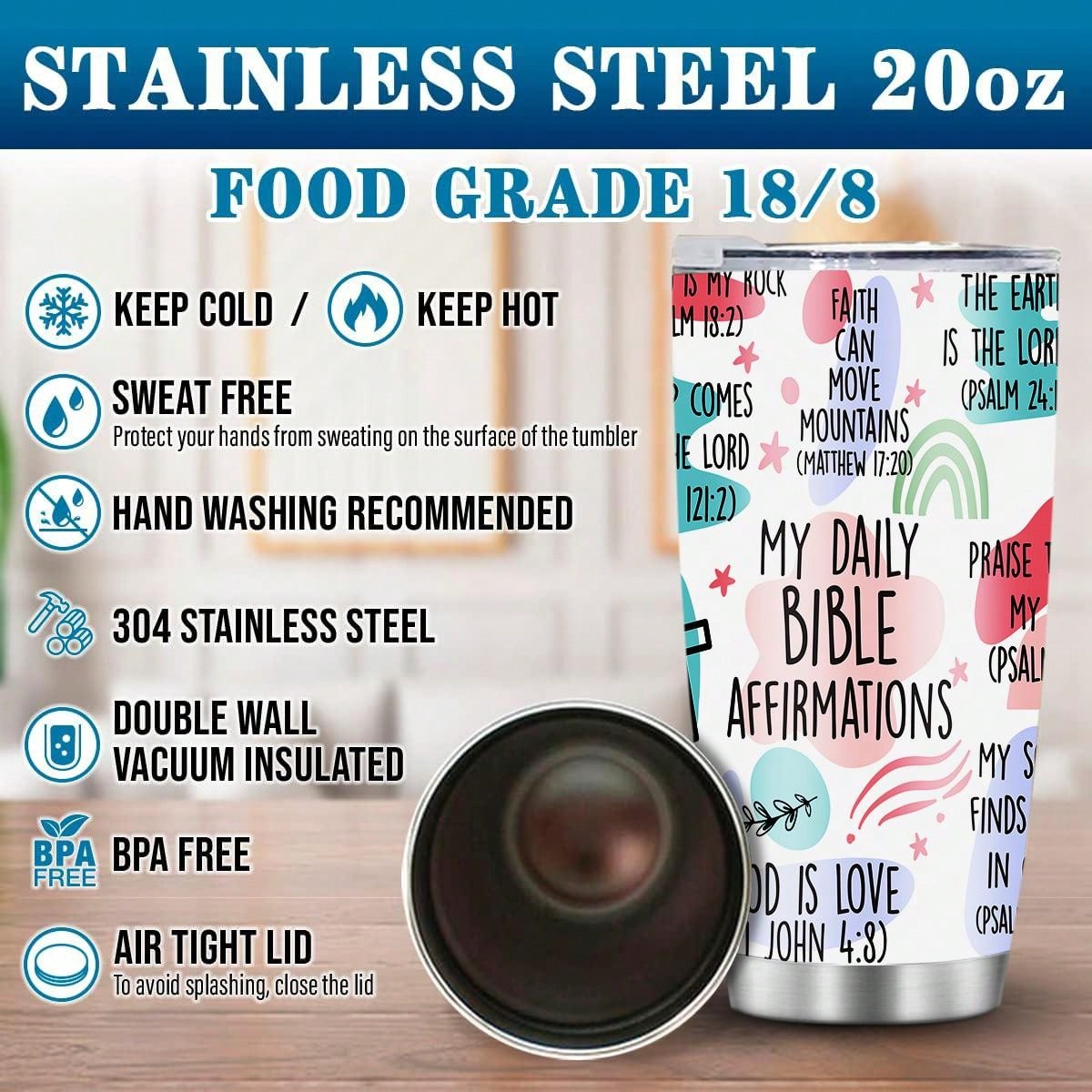 1pc 20 Oz English Insulated Cup-My Daily Bible Affirmations, With Lid, Insulated Stainless Steel, Reusable And Vacuum, Keep Drinks Icy Cold, A Friendly Gift For Loved Ones, Women, Men, Mothers, Cars, Gyms And Travel