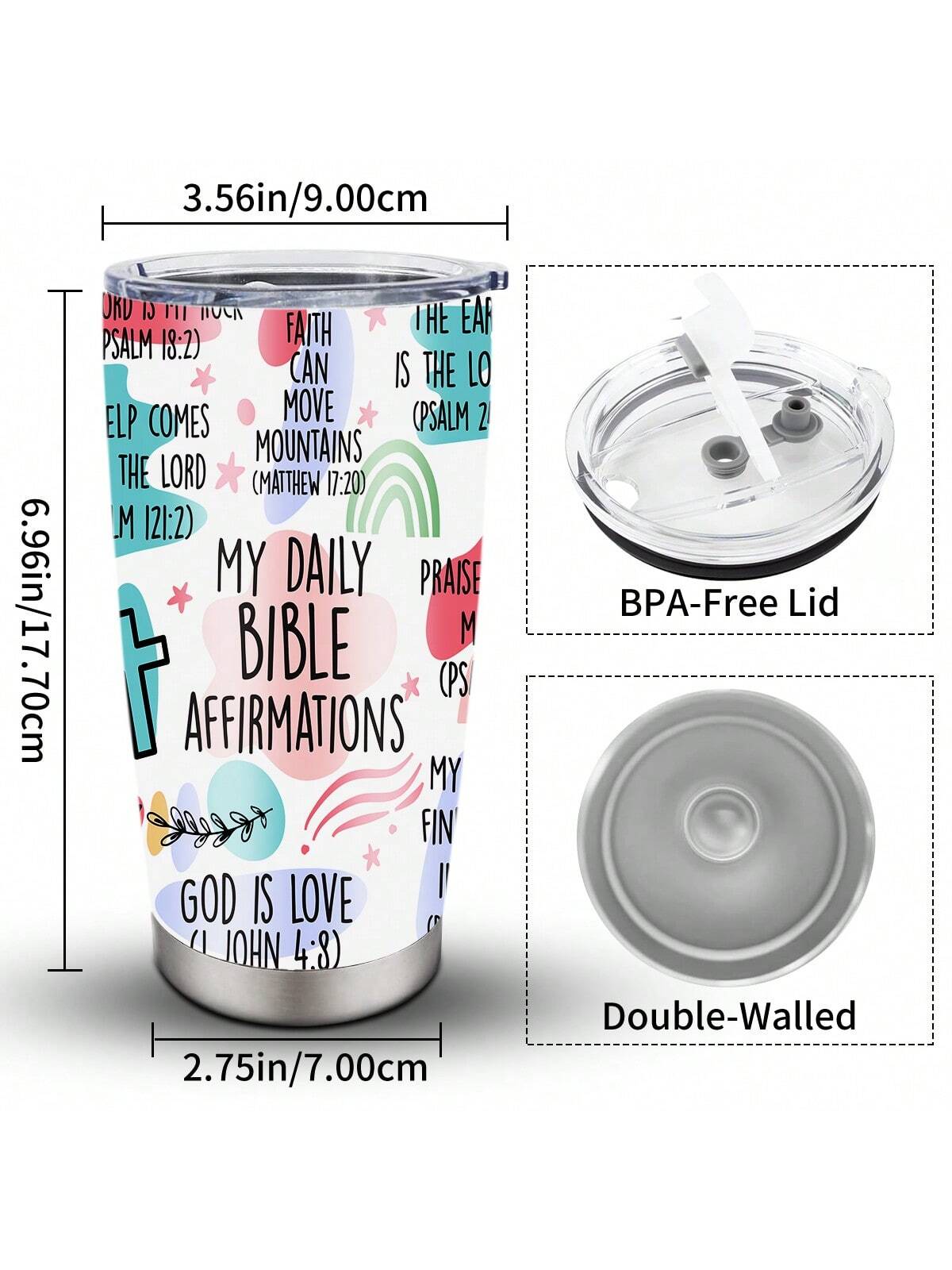 1pc 20 Oz English Insulated Cup-My Daily Bible Affirmations, With Lid, Insulated Stainless Steel, Reusable And Vacuum, Keep Drinks Icy Cold, A Friendly Gift For Loved Ones, Women, Men, Mothers, Cars, Gyms And Travel