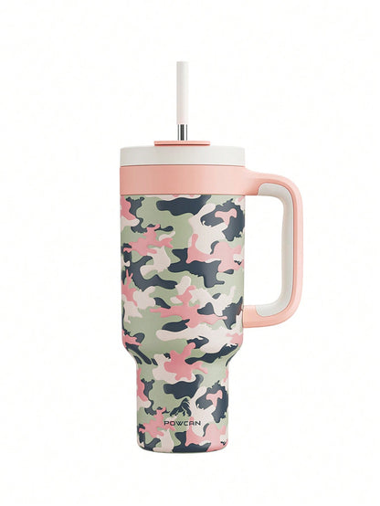 Powcan 40 Oz Camo Tumbler With Handle, 2-In-1 Straw And Sip Lid, Leakproof, Dishwasher Safe, Insulated Stainless Steel Travel Coffee Mug, Keeps Cold For 34 Hours, Fits In Car Cupholder(Woodland Flag)