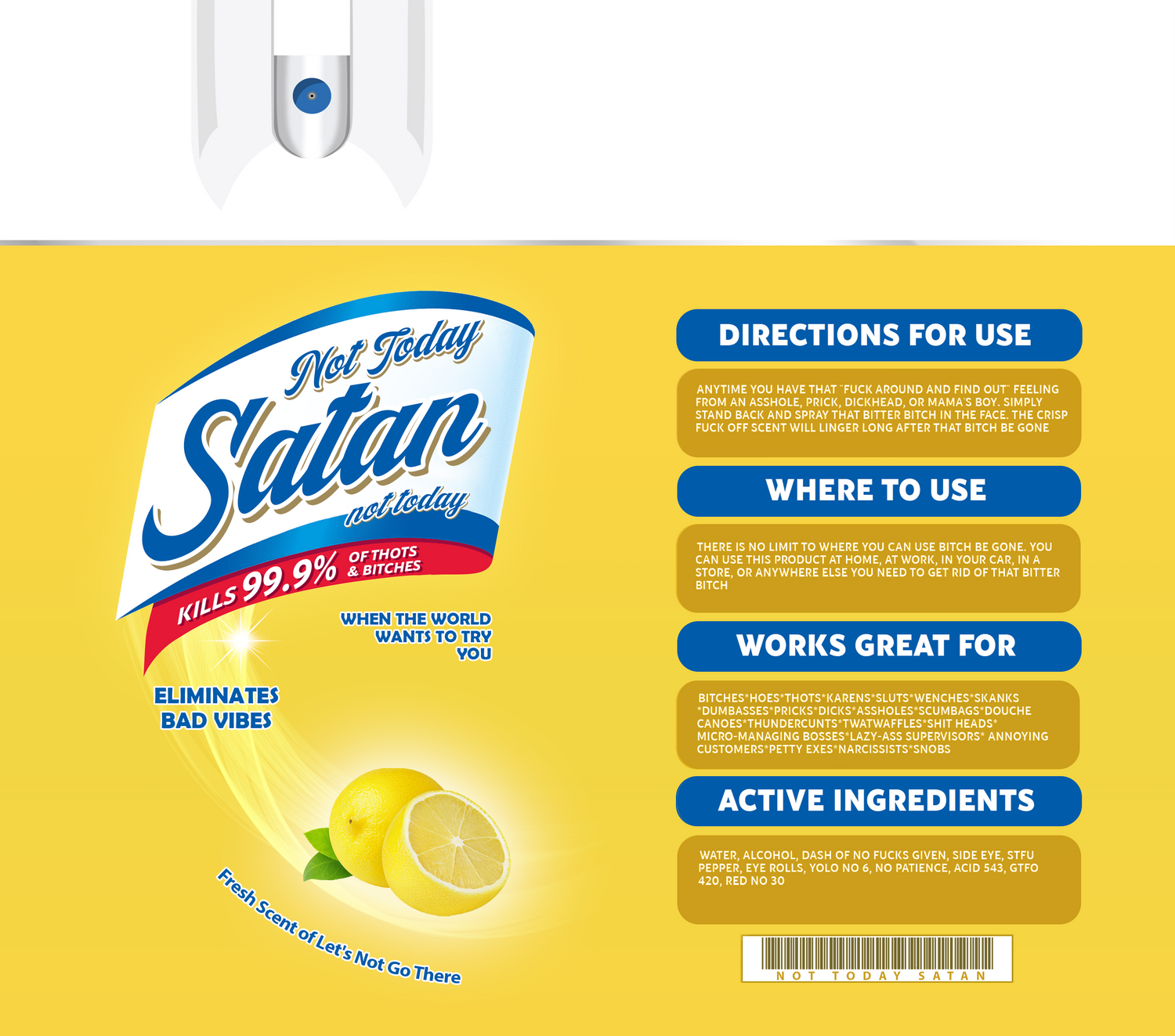 Not Today Satan - Funny Tumbler that looks like a disinfectant spray - w/ metal lid and special cleaning tool