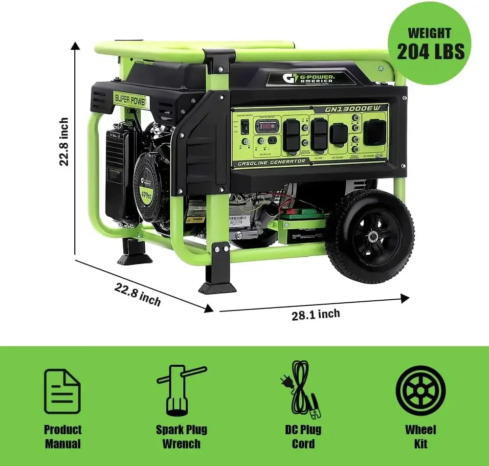 Portable Generator 13000 Watt,Gasoline Powered,Recoil/Electric Start, 12V-8.3A Charging Outlets, Home Back Up &amp; RV Ready