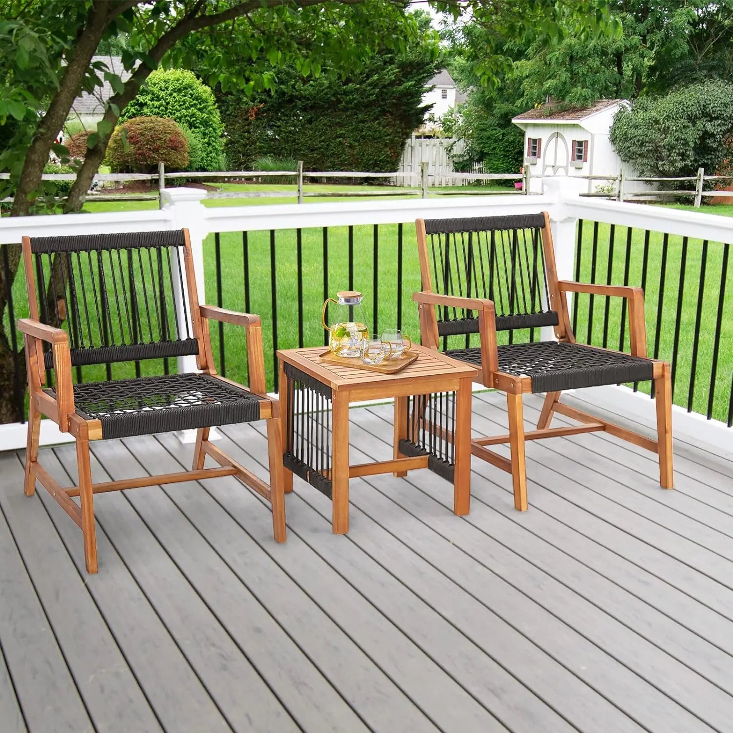 3 PCS Acacia Wood Outdoor Furniture Set, All-Weather Rope Woven Bistro Set with Armchairs &amp;Coffee Table, Patio Conversation Set