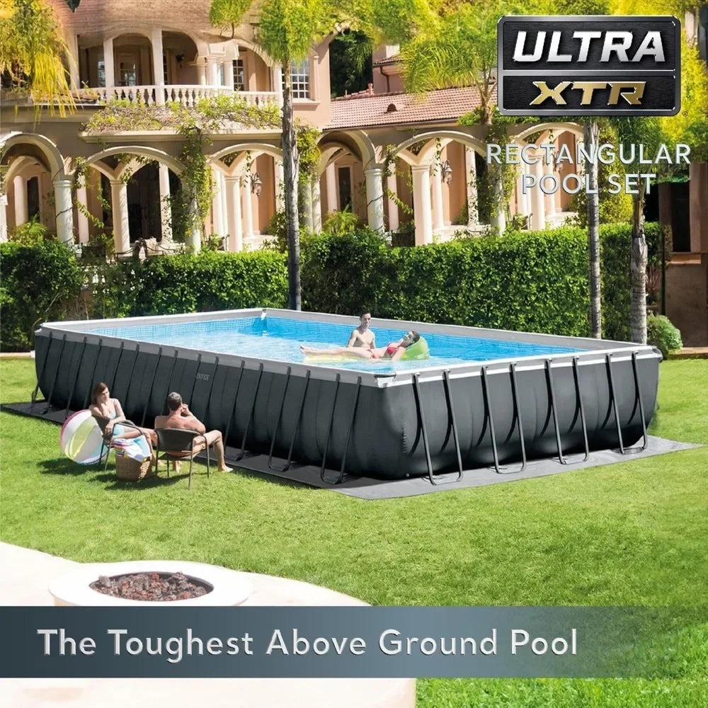 Deluxe Rectangular Above Ground Swimming Pool Set: 32ft x 16ft x 52in – Includes 2650 GPH Sand Filter Pump – Saltwater System