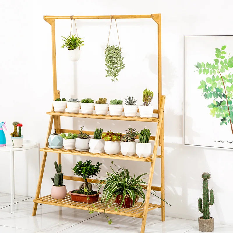 3 Tier Folding Bamboo Hanging Plant Stand Pot Shelf Stand Rack Indoor Outdoor Multi Use Greenhouse