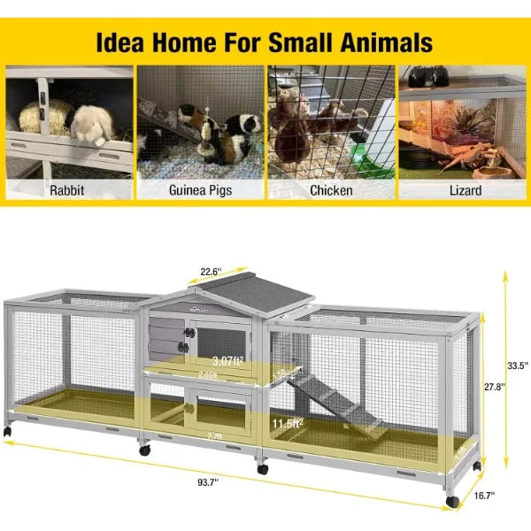 Aivituvin Rabbit Hutch 93.7&quot; Large Indoor &amp; Outdoor Chicken Coop on Wheels Bunny/Guinea Pig Cage with 4 Deep No Leakage Pull Out