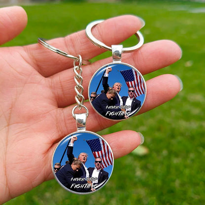 Trump Flag 2024 Keychain Never Stop Fighting Make America Great Again Attack Figure Pattern Glass Keyring Souvenirs for Fans