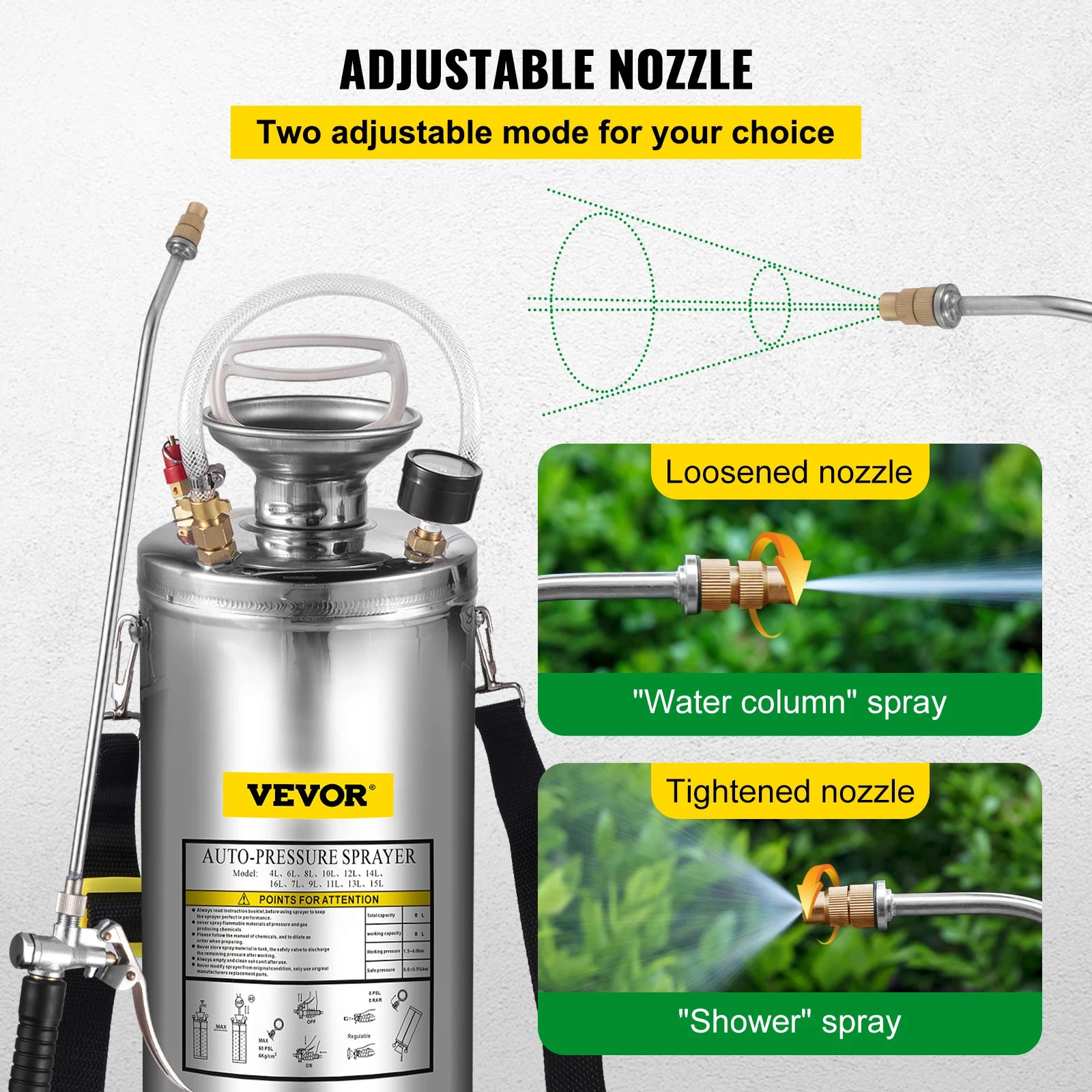 VEVOR 2Gal Stainless Steel Sprayer Hand Pump Sprayer with Pressure Gauge&amp;Safety Valve Adjustable Nozzle for Gardening Sanitizing