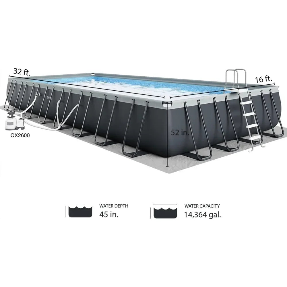 Deluxe Rectangular Above Ground Swimming Pool SetIncludes 2800 GPH Sand Filter Pump Outdoor Hot Tubs