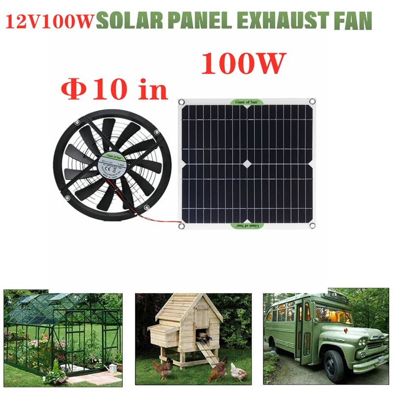 100W 12V Solar Panel Powered Fan 10 inch Mini Ventilator Solar Exhaust Fan for Dog Chicken House Greenhouse RV Car Fan Charger