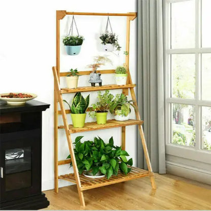 3 Tier Folding Bamboo Hanging Plant Stand Pot Shelf Stand Rack Indoor Outdoor Multi Use Greenhouse