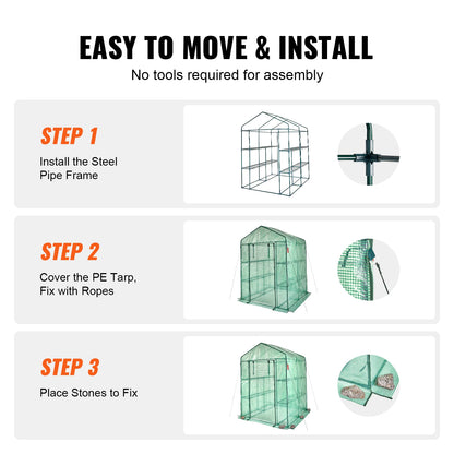 VEVOR Walk-in Green House Greenhouse with Shelves High Strength PE Cover with Doors &amp; Windows and Steel Frame for Planting