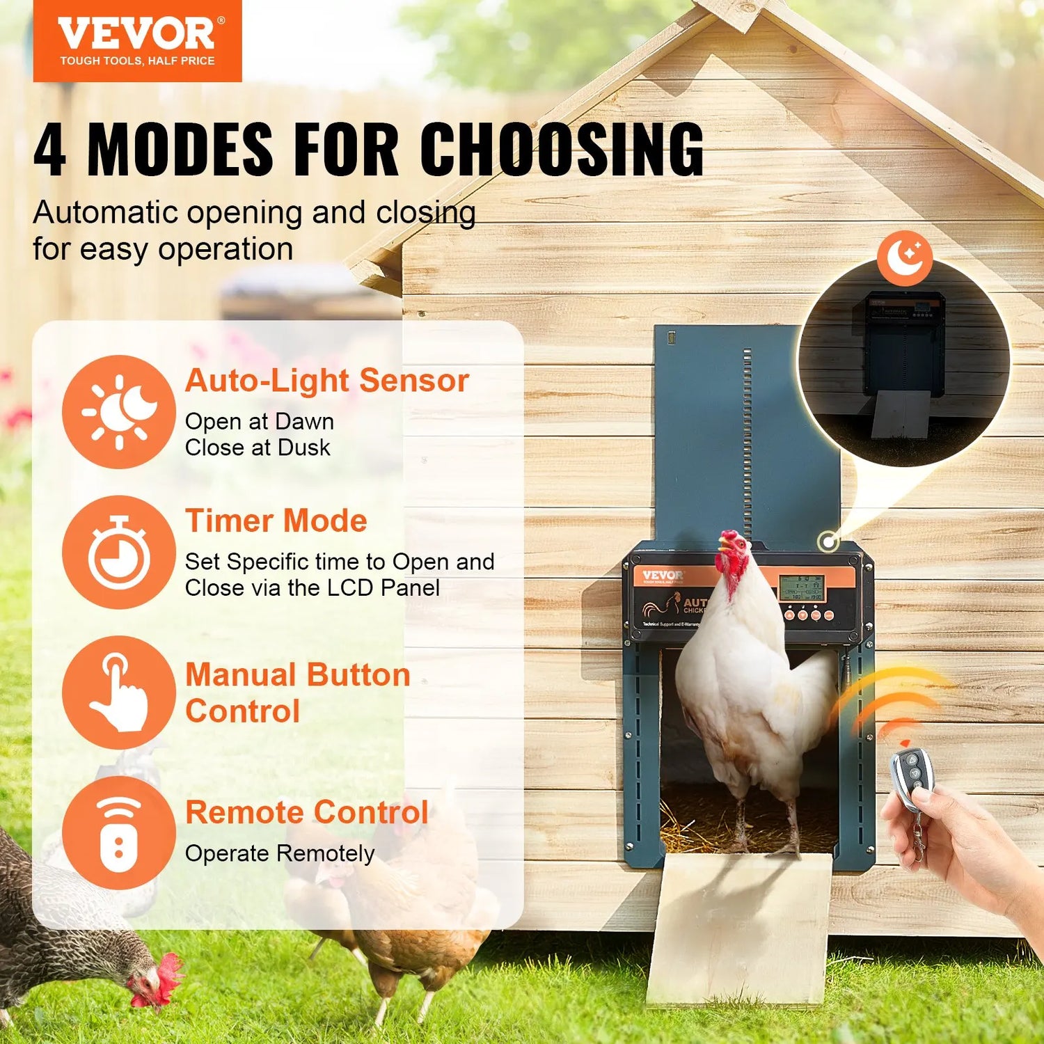 VEVOR Automatic Chicken Coop Door Auto Chicken Door Opener Timer &amp; Light Sensor