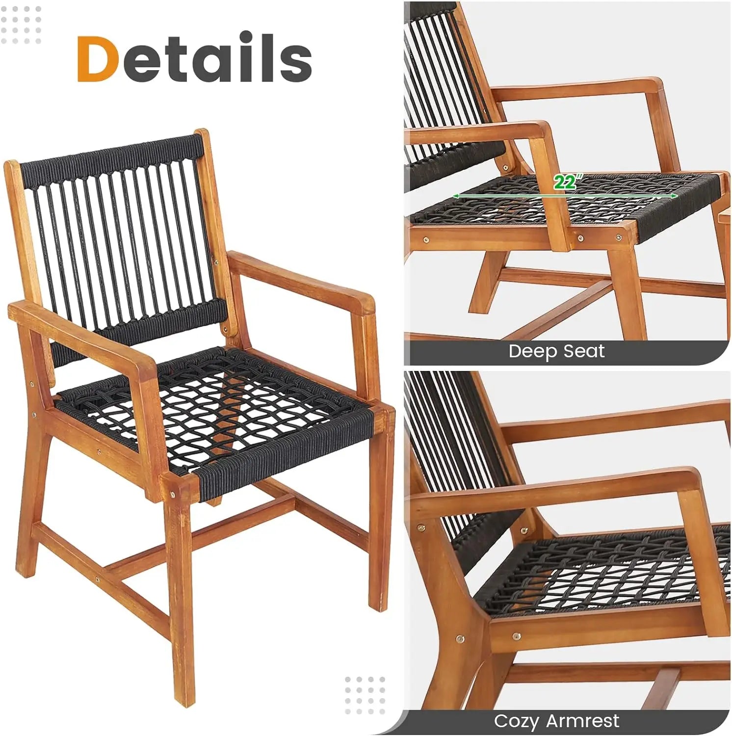 3 PCS Acacia Wood Outdoor Furniture Set, All-Weather Rope Woven Bistro Set with Armchairs &amp;Coffee Table, Patio Conversation Set