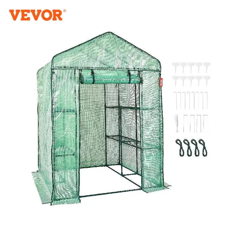 VEVOR Walk-in Green House Greenhouse with Shelves High Strength PE Cover with Doors &amp; Windows and Steel Frame for Planting