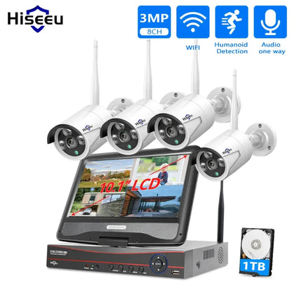 Hiseeu 8CH 3MP Wireless Security Cameras Kit Outdoor Waterproof IP Camera Surveillance CCTV System Set with 10.1&quot; Monitor NVR