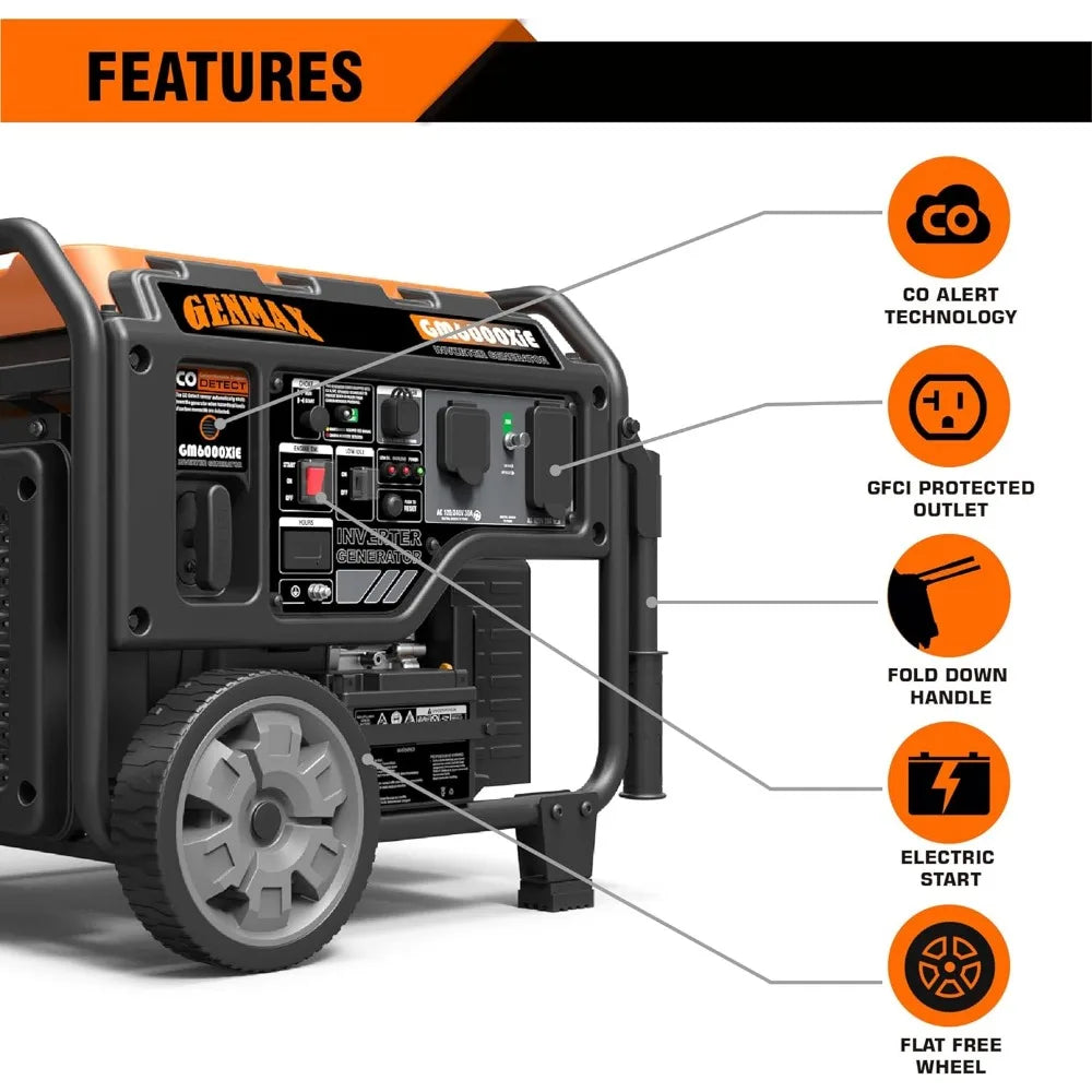 Portable Inverter Generator, 6000W open frame Gas Powered High Speed Engine with Electric Start