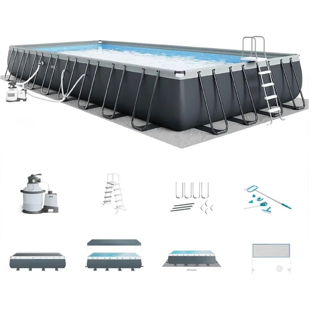 Deluxe Rectangular Above Ground Swimming Pool Set: 32ft x 16ft x 52in – Includes 2650 GPH Sand Filter Pump – Saltwater System