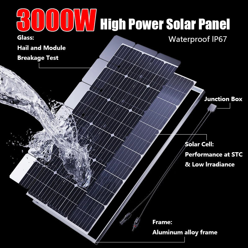 Solar Panel 3000W 6000W 18V 12V High Efficiency Rigid Waterproof Power Bank Glass Charging Outdoor Solar Cells For Home Camping