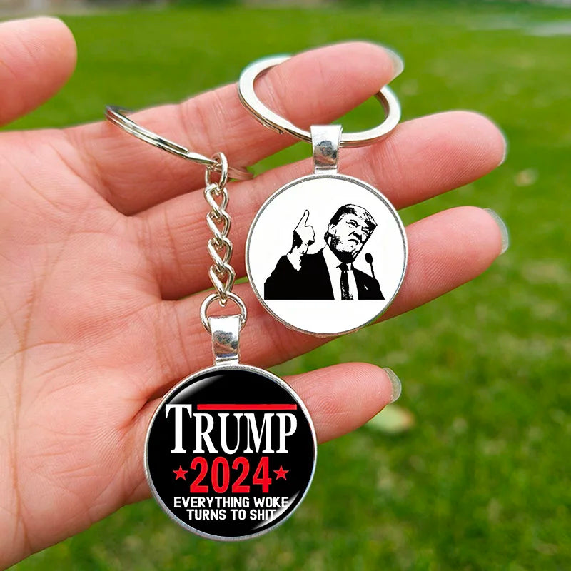 Trump Flag 2024 Keychain Never Stop Fighting Make America Great Again Attack Figure Pattern Glass Keyring Souvenirs for Fans