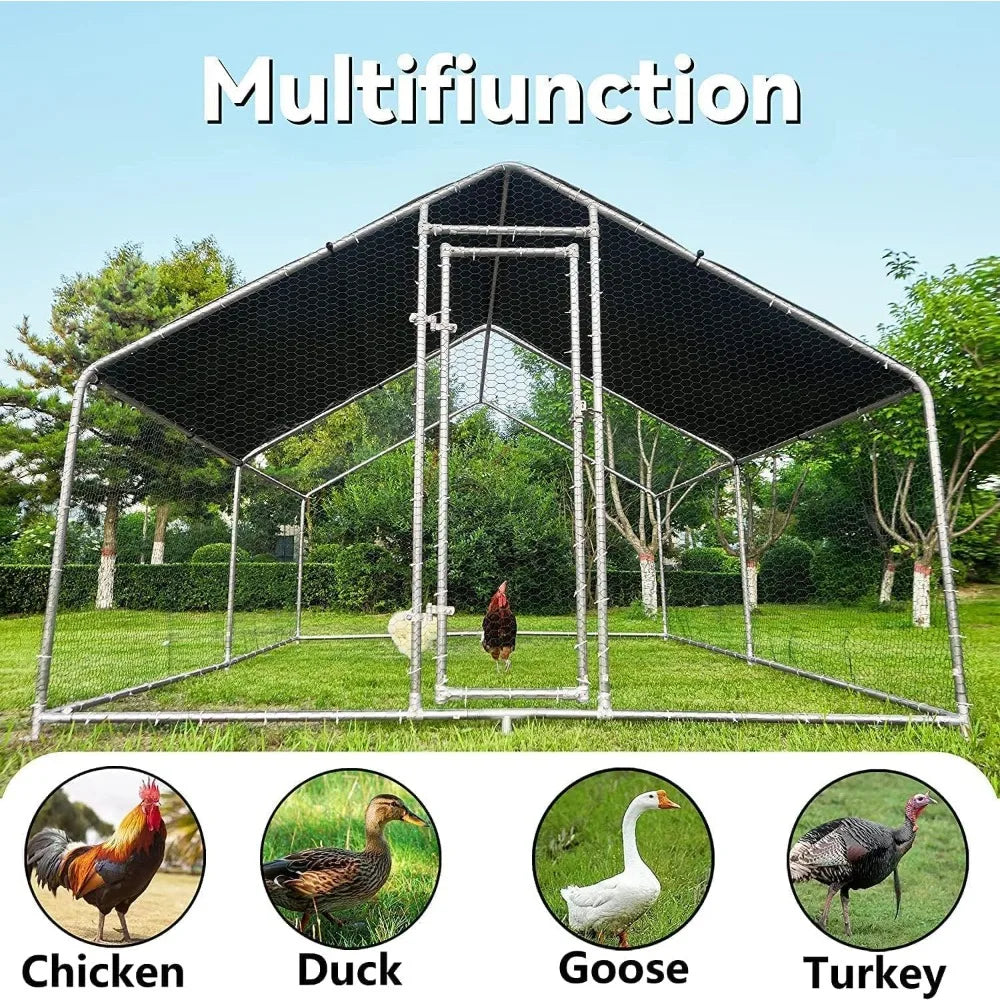 Large Metal Chicken Coop, Heavy Duty Spire Shaped Duck Chicken Hen House Outdoor Chicken Pen with Waterproof &amp; Anti-UV Cover