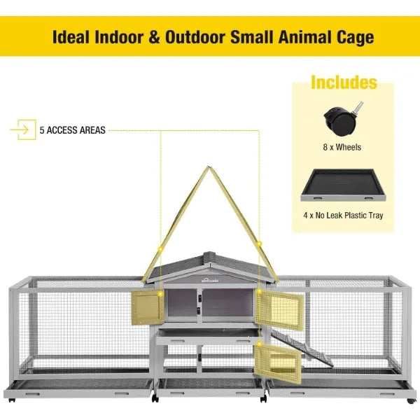 Aivituvin Rabbit Hutch 93.7&quot; Large Indoor &amp; Outdoor Chicken Coop on Wheels Bunny/Guinea Pig Cage with 4 Deep No Leakage Pull Out