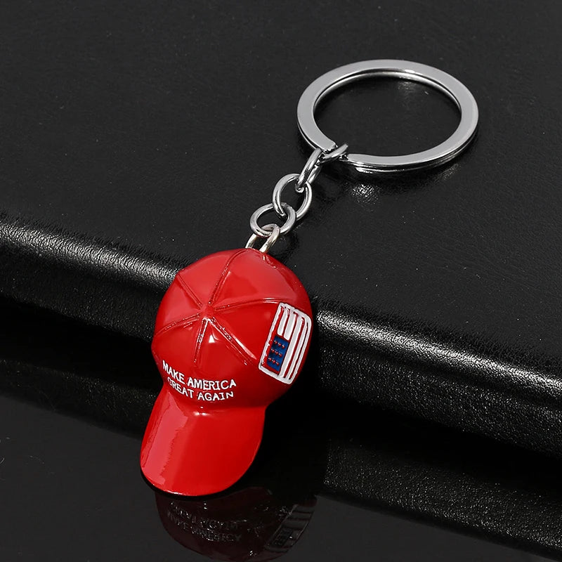 Trump Red Hat Pendant Keychain American Flag Hat Make America Great Again Metal Key Chain For Men Mesh Cap Car Key Ring Jewelry