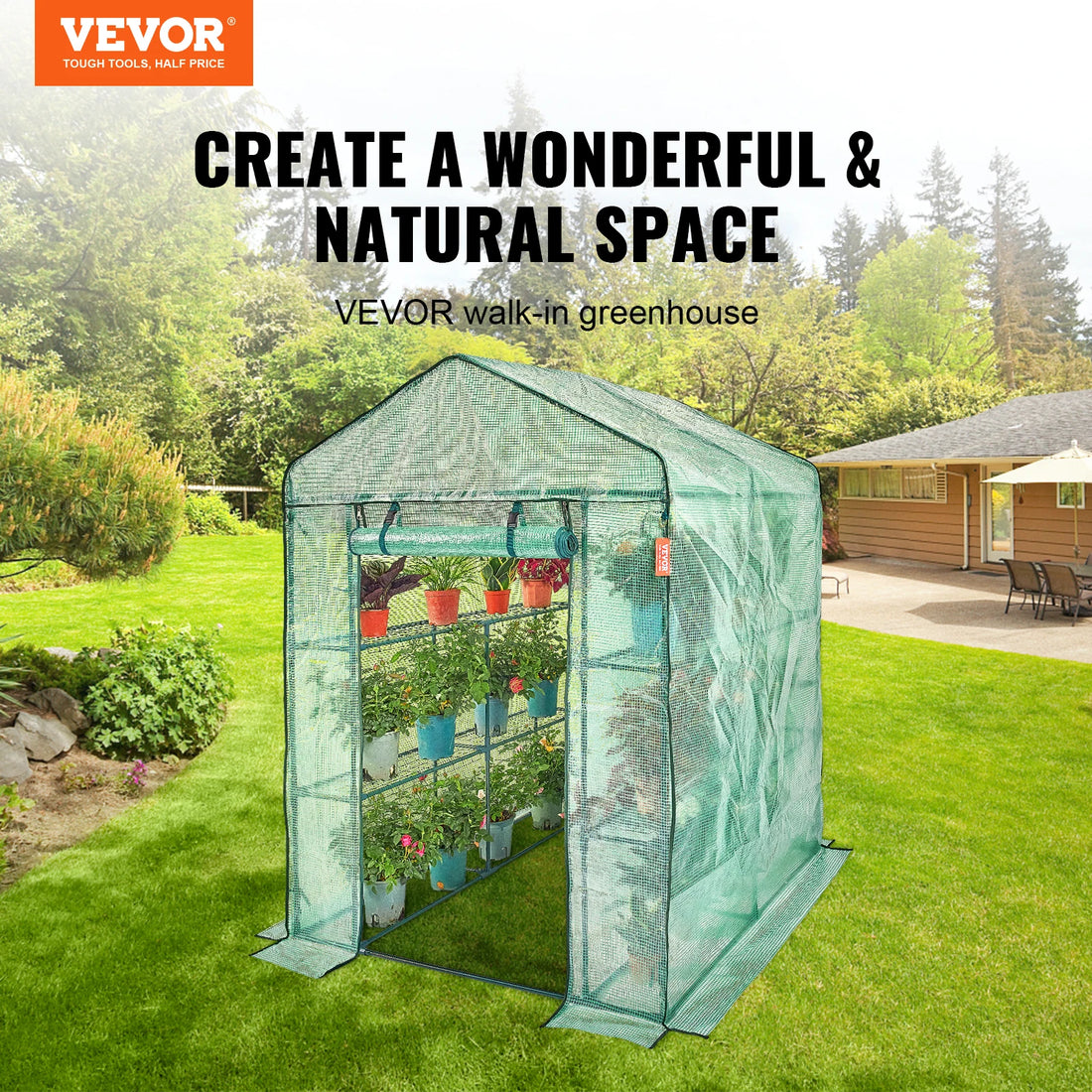 VEVOR Walk-in Green House Greenhouse with Shelves High Strength PE Cover with Doors &amp; Windows and Steel Frame for Planting