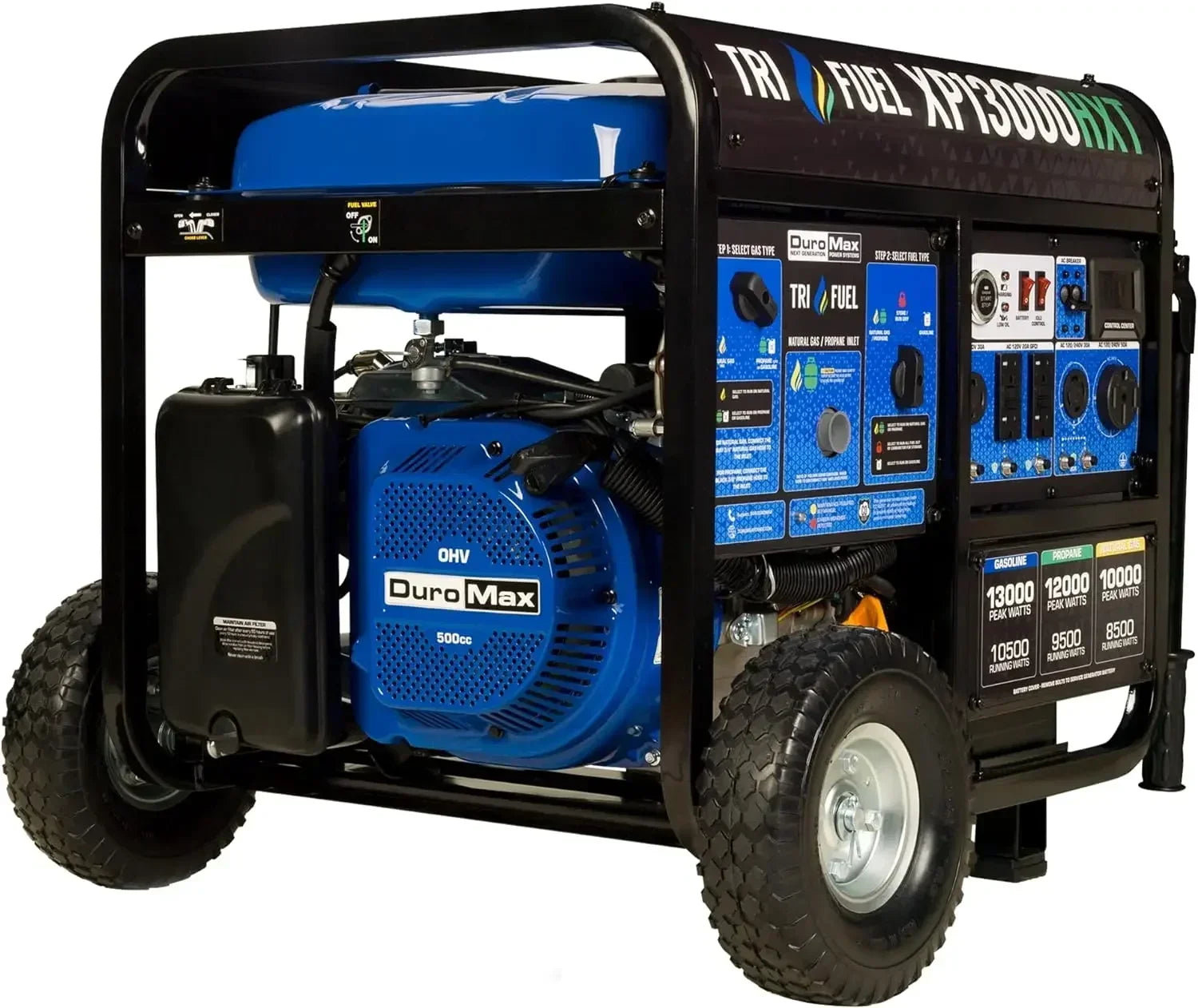 Tri Fuel Gas Propane Natural Gas Portable Generator with CO Alert Black/Blue Remote Boot Portable Generators