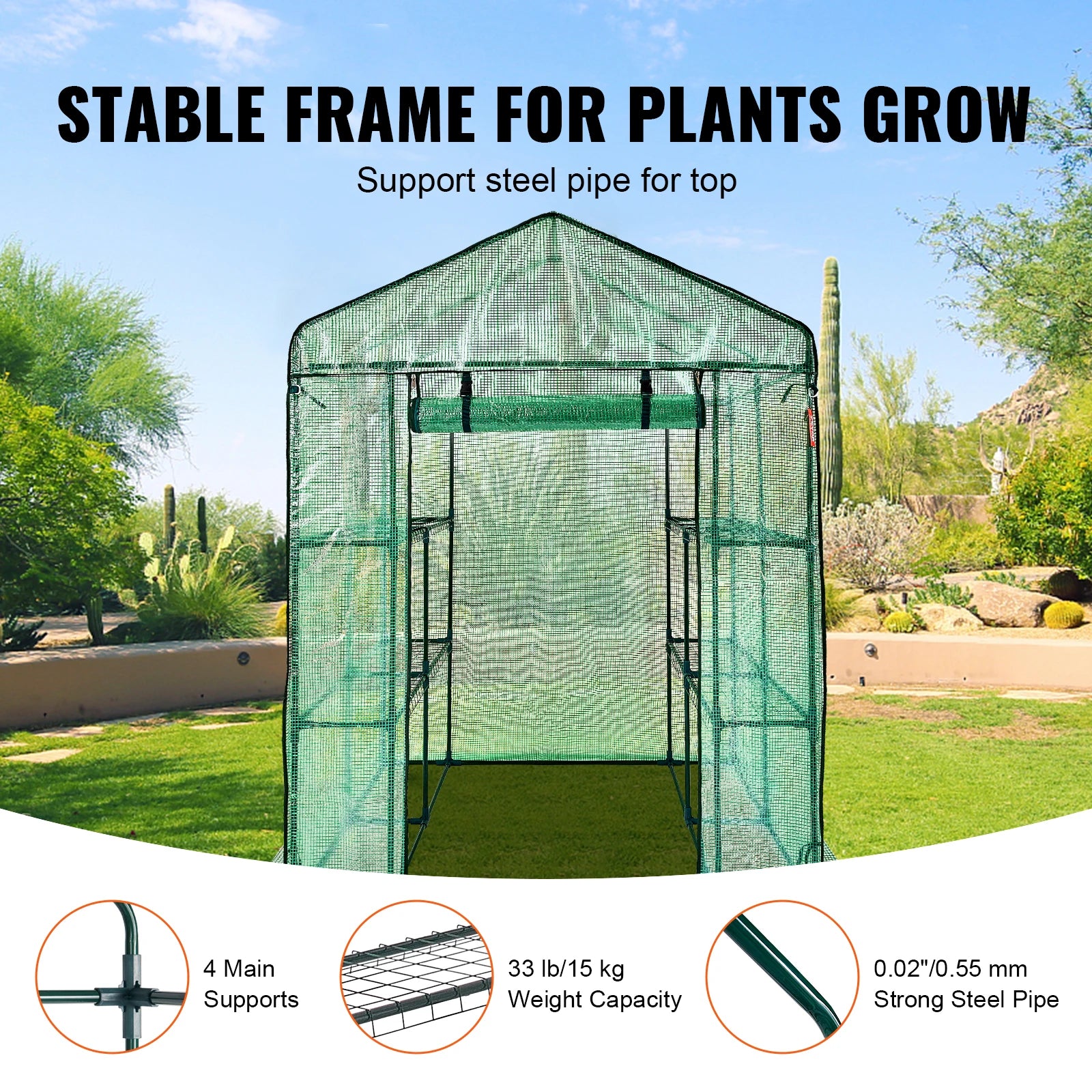 VEVOR Walk-in Green House Greenhouse with Shelves High Strength PE Cover with Doors &amp; Windows and Steel Frame for Planting