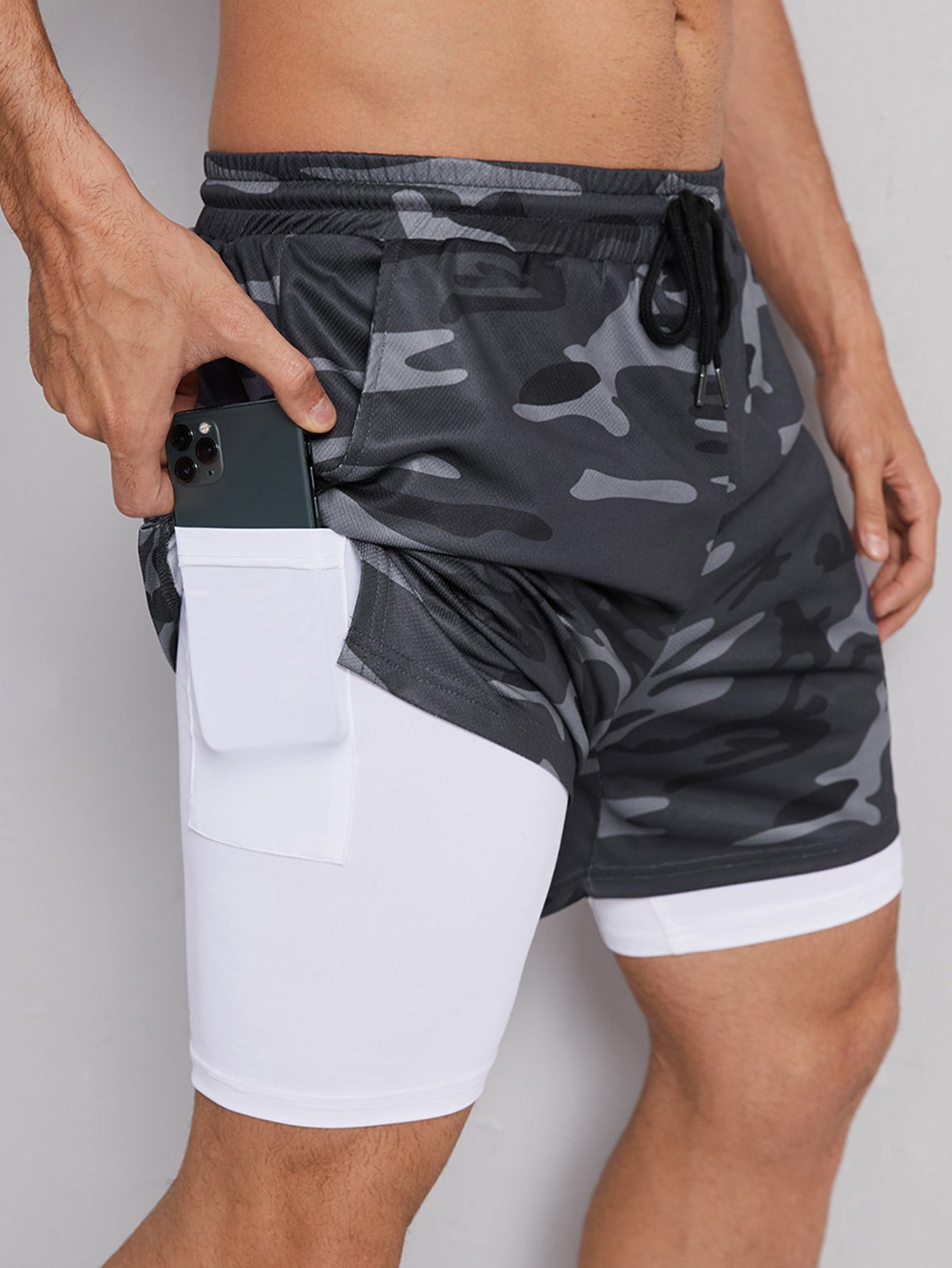 Manfinity Sporsity Men Camo Print Drawstring Waist 2 In 1 Shorts