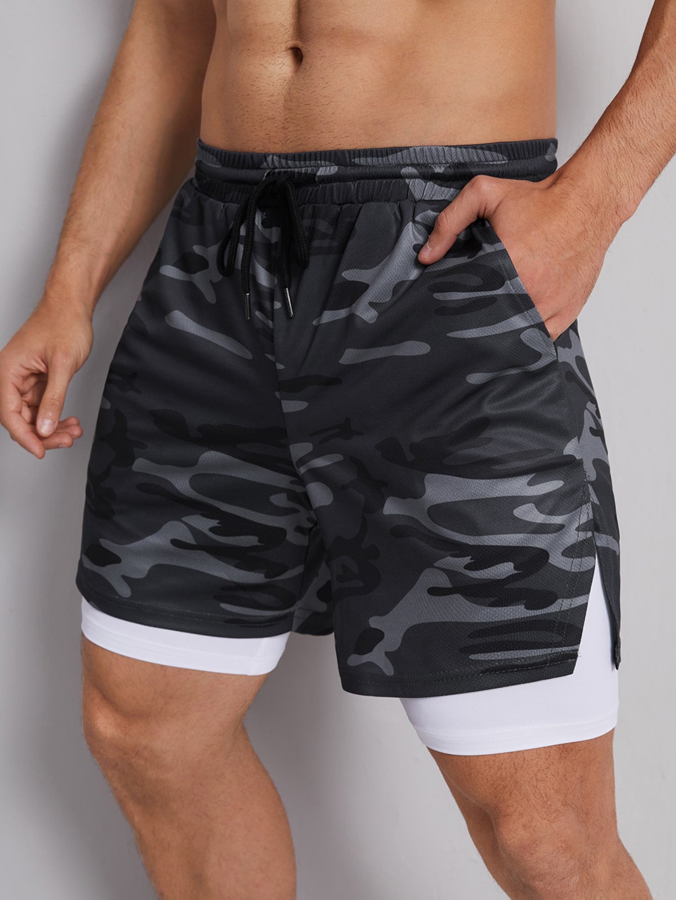 Manfinity Sporsity Men Camo Print Drawstring Waist 2 In 1 Shorts