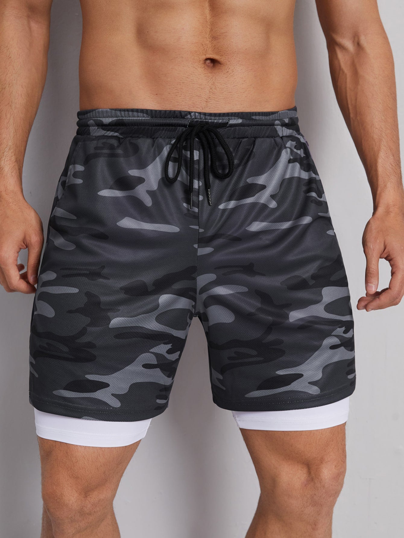 Manfinity Sporsity Men Camo Print Drawstring Waist 2 In 1 Shorts