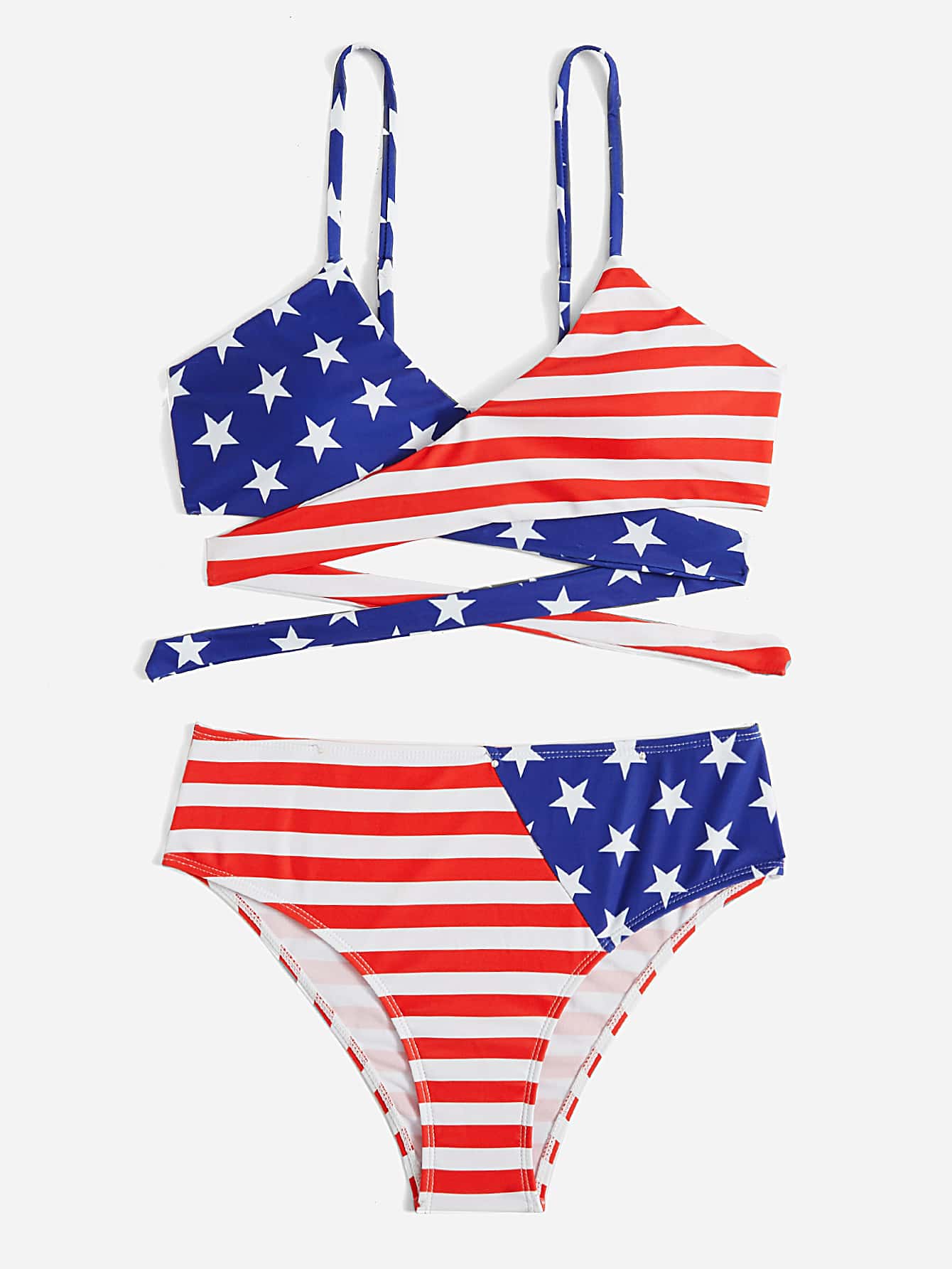 American Flag Print Crisscross Bikini Swimsuit