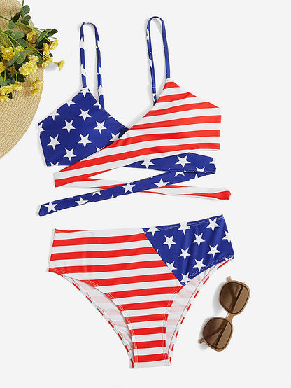 American Flag Print Crisscross Bikini Swimsuit